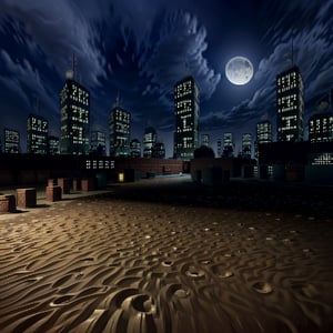 city, night, moon, sky, dirt, sand,