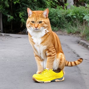 Wow, that's one majestic cat! It's almost like a tiger and a domestic cat had a super cool fusion. wearing yellow sneakers And about that '110', maybe it's part of a top-secret feline mission?