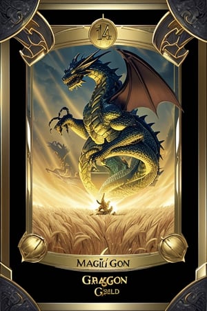 magic the gathering dragon card,  in a gold frame with a light gold field under the image of a dragon,  with a detailed description of the rules of the card