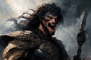 Create a portrait of the main antagonist of the demigod, he has long, flowing hair the color of storm clouds, serpentine creature with scales as black as night, glowing eyes like lightning, and razor-sharp teeth. </br> It is impossible to tell its age or gender as it is a mythological creature. captivating with mystery and at the same time repulsive, from whose gaze your throat dries up and you are speechless, but you can feel his strong spirit and sense of heroism, so that sometimes you don't understand whether he is a villain or a hero in front of you. Style of Medieval fantasy warrior art by Luis Royo. tan, black, tan, blanchedalmond colors. 8K HD.