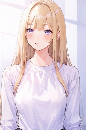 Anime style portrait of a young woman with long straight golden hair and bangs, soft violet eyes, delicate facial features, wearing a light-colored top. The expression is serene and slightly melancholic. Soft lighting, pastel color palette. High-quality, detailed anime art style.
