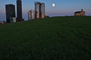 a huge hilly field covered with grass with partially clayey inclusions, green and brown boxes are visible very far away, also behind the hills narrow black skyscrapers with white windows with a yellowish tint are visible, green and brown boxes are visible far away, a dimly lit and dull black building with an orangish glow from sunset, you can see a small white bright advertisement with incomprehensible outlines, black skyscrapers with light yellow windows topped with metal structures standing right in the middle of the field reflect the light of the moon, in the distance you can see small two-story buildings with very small windows and a chimney, a little closer near the skyscrapers you can also see small two-story buildings buildings with very small windows and a chimney, not all skyscrapers are topped with metal structures, the sky on the horizon is from dark red to yellowish which sees off the departing sun, the moon is on the opposite side, the sky is soft blue topped by the moon on the opposite side of the sun, and a few stars, clouds light white very transparent barely visible,