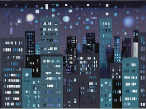 night, cloud lumened by city, bright moon, dark-gray-purple sky; sky scrapers square and rectangular skyscrapers with white frequent square windows, shades of skyscraper windows: dark blue, dark turquoise. The roofs of skyscrapers from dark squares or illuminated with a dim blue border,