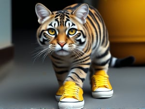 Wow, that's one majestic cat! It's almost like a tiger and a domestic cat had a super cool fusion. wearing yellow sneakers And about that '110', maybe it's part of a top-secret feline mission?