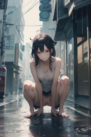 Capture a cinematic moment of a ibuki's front view as she leans forward,  looking at viewer,  smiling,  show pussy,  spread pussy,  sperm leaked from pussy,  (mysterious:1.2) and (intense:1.1) lighting,  (dramatic:1.3) shadows,  (urban:1.1) cityscape background,  (raindrops:1.2) glistening on her silhouette,  by (David Fincher:1.4). (street fighter),  masterpiece,  realistic,  photorealistic,  8k,  raw,  spreading legs,  nikon