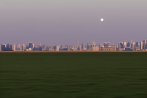 a huge hilly field covered with grass with partially clayey inclusions, green and brown boxes are visible very far away, also behind the hills narrow black skyscrapers with white windows with a yellowish tint are visible, green and brown boxes are visible far away, a dimly lit and dull black building with an orangish glow from sunset, you can see a small white bright advertisement with incomprehensible outlines, black skyscrapers with light yellow windows topped with metal structures standing right in the middle of the field reflect the light of the moon, in the distance you can see small two-story buildings with very small windows and a chimney, a little closer near the skyscrapers you can also see small two-story buildings buildings with very small windows and a chimney, not all skyscrapers are topped with metal structures, the sky on the horizon is from dark red to yellowish which sees off the departing sun, the moon is on the opposite side, the sky is soft blue topped by the moon on the opposite side of the sun, and a few stars, clouds light white very transparent barely visible,