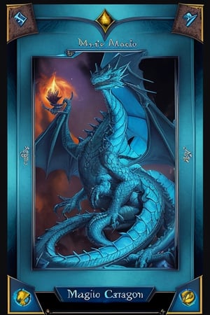 Magic the gathering dragon card, in a blue frame with a light azure field under the image of a dragon, with a detailed description of the rules of the card