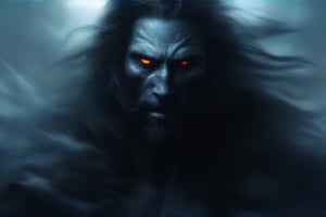 Create a portrait of the main antagonist of the demigod, he has long, flowing hair the color of storm clouds, serpentine creature with scales as black as night, glowing eyes like lightning, and razor-sharp teeth. </br> It is impossible to tell its age or gender as it is a mythological creature. captivating with mystery and at the same time repulsive, from whose gaze your throat dries up and you are speechless, but you can feel his strong spirit and sense of heroism, so that sometimes you don't understand whether he is a villain or a hero in front of you. Style of Medieval fantasy warrior art by Luis Royo. tan, black, tan, blanchedalmond colors. 8K HD.