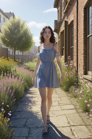 summer, a girl in a light dress with loose hair, linden alley, gentle morning sun, light breeze, blue sky, flowers, photo realism,photorealistic,realism