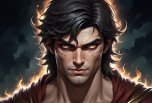 Create a portrait of the main antagonist of the demigod, captivating with mystery and at the same time repulsive, from whose gaze your throat dries up and you are speechless, but you can feel his strong spirit and sense of heroism, so that sometimes you don’t understand whether he is a villain or a hero in front of you.