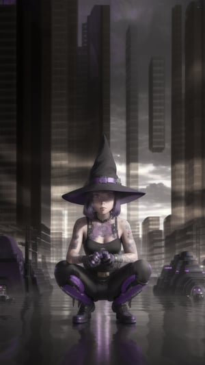 best quality, masterpiece, (detailed:1.2), 1girl, mona, squatting, cutesie, witch hat, science fiction, cyberpunk, purple hair, chromatic aberration, outdoors, city, crowd, faceless crowd","wallpaper, 1boy, solo, male focus, tattoo, monochrome, cyberpunk, (chromatic aberration), detailed background, mechanical parts, cable, indoors