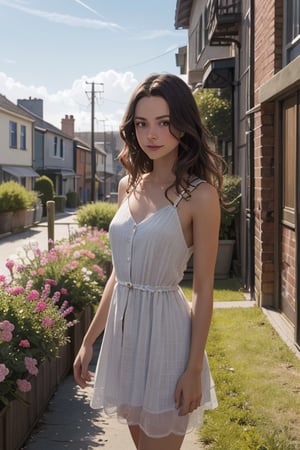 summer, a girl in a light dress with loose hair, linden alley, gentle morning sun, light breeze, blue sky, flowers, photo realism,photorealistic,realism,realistic