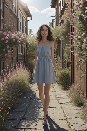 summer, a girl in a light dress with loose hair, linden alley, gentle morning sun, light breeze, blue sky, flowers, photo realism,photorealistic,realism
