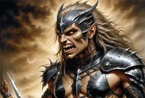 Create a portrait painting of the main antagonist of the demigod, serpentine creature with scales as black as night, glowing eyes like lightning, and razor-sharp teeth. </br> It is impossible to tell its age or gender as it is a mythological creature. Style of Medieval fantasy warrior art by Luis Royo. tan, black, tan, blanchedalmond colors. 8K HD.,r4w photo