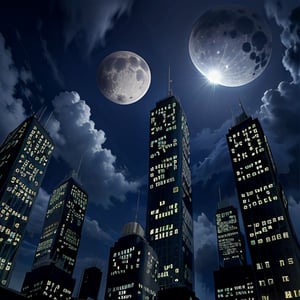 night, dark blue sky with blurry white clouds, full moon, black rectangular skyscrapers with small windows in which white light is visible, metal superstructures are visible at the tops of skyscrapers, brown cubes and a few gray cubes are visible at the base of skyscrapers, the earth is brown mud or clay,