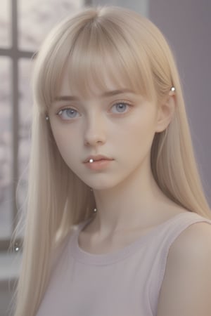 Anime style portrait of a young woman with long straight golden hair and bangs, soft violet eyes, delicate facial features, wearing a light-colored top. The expression is serene and slightly melancholic. Soft lighting, pastel color palette. High-quality, detailed anime art style. 