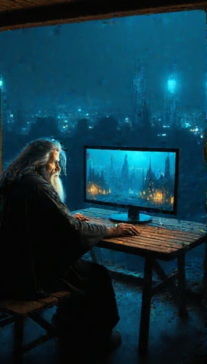 A homeless person who sits at a wooden table in front of a square black monitor and it generates images of a futuristic city, there is a dark system unit on the floor, he has long gray hair with a gray beard of about 55 years old, he is dressed in a dark brown wizard's cape, the environment is a typical homeless person's home, a semi-dump, in the open wall you can see a bright futuristic night city.