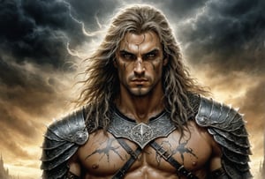 Create a portrait of the main antagonist of the demigod, he has long, flowing hair the color of storm clouds, serpentine creature with scales as black as night, glowing eyes like lightning, and razor-sharp teeth. </br> It is impossible to tell its age or gender as it is a mythological creature. captivating with mystery and at the same time repulsive, from whose gaze your throat dries up and you are speechless, but you can feel his strong spirit and sense of heroism, so that sometimes you donТt understand whether he is a villain or a hero in front of you. Style of Medieval fantasy warrior art by Luis Royo. tan, black, tan, blanchedalmond colors. 8K HD.