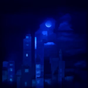 night, cloud lumened by city, bright moon, dark-gray-purple sky; sky scrapers square and rectangular skyscrapers with white frequent square windows, shades of skyscraper windows: dark blue, dark turquoise. The roofs of skyscrapers from dark squares or illuminated with a dim blue border,