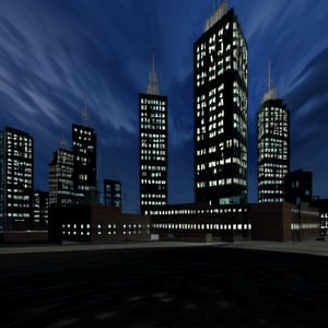 night, dark blue sky with blurry white clouds, full moon, black rectangular skyscrapers with small windows in which white light is visible, metal superstructures are visible at the tops of skyscrapers, brown cubes and a few gray cubes are visible at the base of skyscrapers, the earth is brown mud or clay,