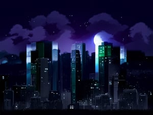 night, cloud lumened by city, bright moon, dark-gray-purple sky; sky scrapers square and rectangular skyscrapers with white frequent square windows, shades of skyscraper windows: dark green, dark turquoise. The roofs of skyscrapers from dark squares or illuminated with a dim blue border,