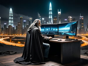 A homeless person who sits at a wooden table in front of a square black monitor and it generates images of a futuristic city, there is a dark system unit on the floor, he has long gray hair with a gray beard of about 55 years old, he is dressed in a dark brown wizard's cape, the environment is a typical homeless person's home, a semi-dump, in the open wall you can see a bright futuristic night city.