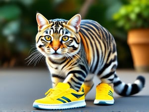 Wow, that's one majestic cat! It's almost like a tiger and a domestic cat had a super cool fusion. wearing yellow sneakers And about that '110', maybe it's part of a top-secret feline mission?