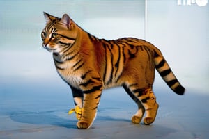 Wow, that's one majestic cat! It's almost like a tiger and a domestic cat had a super cool fusion. wearing yellow sneakers And about that '110', maybe it's part of a top-secret feline mission?