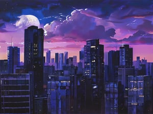 night, cloud lumened by city, bright moon, dark-gray-purple sky; sky scrapers square and rectangular skyscrapers with white frequent square windows, shades of skyscraper windows: dark blue, dark turquoise. The roofs of skyscrapers from dark squares or illuminated with a dim blue border,