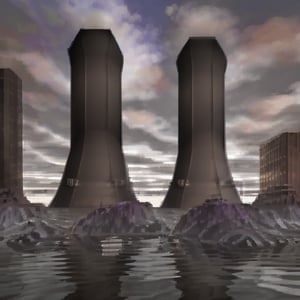 rocky coast, skyscrapers, sky, water, cooling tower, 