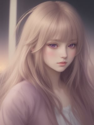 Anime style portrait of a young woman with long straight golden hair and bangs, soft violet eyes, delicate facial features, The expression is serene and slightly melancholic. Soft lighting, pastel color palette. High-quality, detailed anime art style.