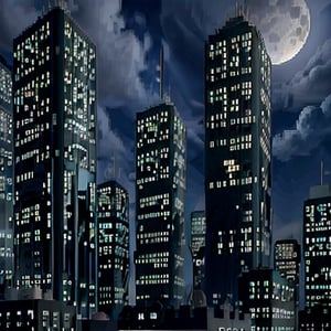 night, dark blue sky with blurry white clouds, full moon, black rectangular skyscrapers with small windows in which white light is visible, metal superstructures are visible at the tops of skyscrapers, brown cubes and a few gray cubes are visible at the base of skyscrapers, the earth is brown mud or clay, far focus, twinkling windows and stars, brilliant coloring, crispy quality, vray; Pixar, ; HD, HDR, SF, CGSociety, 16k, photorealistic, unreal engine