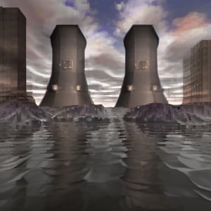 rocky coast, sky, water, cooling tower, skyscrapers,