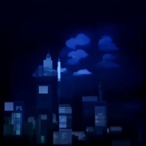 night, cloud lumened by city, bright moon, dark-gray-purple sky; sky scrapers square and rectangular skyscrapers with white frequent square windows, shades of skyscraper windows: dark green, dark turquoise. The roofs of skyscrapers from dark squares or illuminated with a dim blue border,