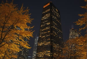 Night, autumn, skyscrapers with orange windows, lanterns highlight the golden foliage of the trees and are reflected in the glass of the skyscrapers