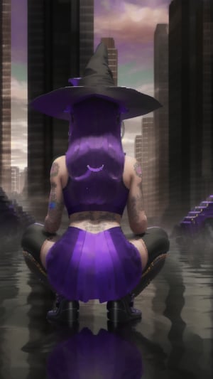 best quality, masterpiece, (detailed:1.2), 1girl, mona, squatting, cutesie, witch hat, science fiction, cyberpunk, purple hair, chromatic aberration, outdoors, city, crowd, faceless crowd","wallpaper, 1boy, solo, male focus, tattoo, monochrome, cyberpunk, (chromatic aberration), detailed background, mechanical parts, cable, indoors