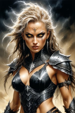 Create a portrait painting of the main antagonist of the demigod, serpentine creature with scales as black as night, glowing eyes like lightning, and razor-sharp teeth. </br> It is impossible to tell its age or gender as it is a mythological creature. Style of Medieval fantasy warrior art by Luis Royo. tan, black, tan, blanchedalmond colors. 8K HD.,r4w photo