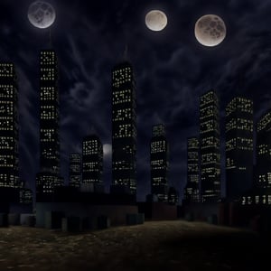 city, night, moon, sky, dirt,