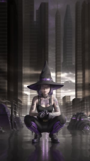 best quality, masterpiece, (detailed:1.2), 1girl, mona, squatting, cutesie, witch hat, science fiction, cyberpunk, purple hair, chromatic aberration, outdoors, city, crowd, faceless crowd","wallpaper, 1boy, solo, male focus, tattoo, monochrome, cyberpunk, (chromatic aberration), detailed background, mechanical parts, cable, indoors