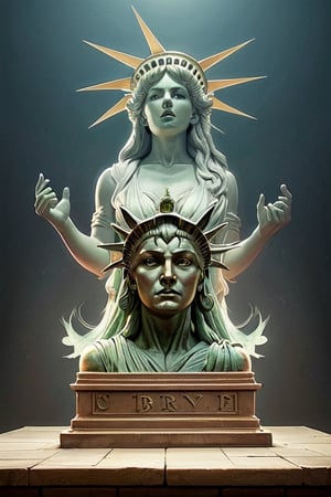 realistic, statue, realistic portrait of Liberty Enlightening the World  with the face of Akuma from Street fighter 2 alpha, expressing contempt,