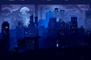 night, cloud lumened by city, bright moon, dark-gray-purple sky; sky scrapers square and rectangular skyscrapers with white frequent square windows, shades of skyscraper windows: dark blue, dark turquoise. The roofs of skyscrapers from dark squares or illuminated with a dim blue border,