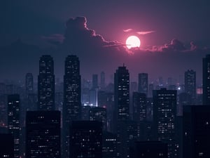 night, dark-orange cloud lumened by city, bright white moon with violet oreola, dark-gray-purple sky; sky scrapers square and rectangular skyscrapers with white frequent square windows, shades of skyscraper windows: dark blue, dark turquoise. The roofs of skyscrapers from dark squares or illuminated with a dim blue border,