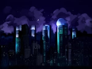 night, cloud lumened by city, bright moon, dark-gray-purple sky; sky scrapers square and rectangular skyscrapers with white frequent square windows, shades of skyscraper windows: dark green, dark turquoise. The roofs of skyscrapers from dark squares or illuminated with a dim blue border,