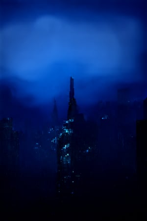 night, cloud lumened by city, bright moon, dark-gray-purple sky; sky scrapers square and rectangular skyscrapers with white frequent square windows, shades of skyscraper windows: dark blue, dark turquoise. The roofs of skyscrapers from dark squares or illuminated with a dim blue border,