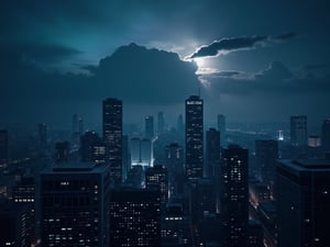 night, cloud lumened by city, bright moon, dark-gray-purple sky; sky scrapers square and rectangular skyscrapers with white frequent square windows, shades of skyscraper windows: dark blue, dark turquoise. The roofs of skyscrapers from dark squares or illuminated with a dim blue border,