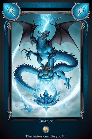 Magic the gathering dragon card,  in a blue frame with a light blue field under the image of a dragon,  with a detailed description of the rules of the card