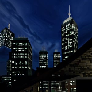 night, dark blue sky with blurry white clouds, full moon, black rectangular skyscrapers with small windows in which white light is visible, metal superstructures are visible at the tops of skyscrapers, brown cubes and a few gray cubes are visible at the base of skyscrapers, the earth is brown mud or clay,