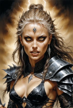 Create a portrait painting of the main antagonist of the demigod, serpentine creature with scales as black as night, glowing eyes like lightning, and razor-sharp teeth. </br> It is impossible to tell its age or gender as it is a mythological creature. Style of Medieval fantasy warrior art by Luis Royo. tan, black, tan, blanchedalmond colors. 8K HD.,r4w photo