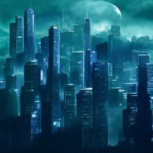 night, cloud lumened by city, bright moon, dark-green sky; sky scrapers square and rectangular skyscrapers with white frequent square windows, shades of skyscraper windows: dark blue, dark turquoise. The roofs of skyscrapers from dark squares or illuminated with a dim blue border,