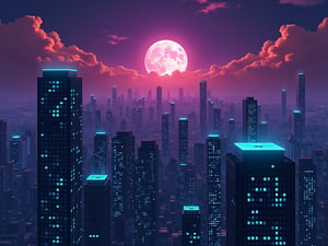 dark orange clouds illuminated by the city, purple sky, bright white moon with purple oreola, square and rectangular skyscrapers with white frequent square windows, shades of skyscraper windows light green, blue, dark blue, dark turquoise. The roofs of skyscrapers from dark squares to squares are illuminated with a dim blue square border, some skyscrapers are topped with diodes.